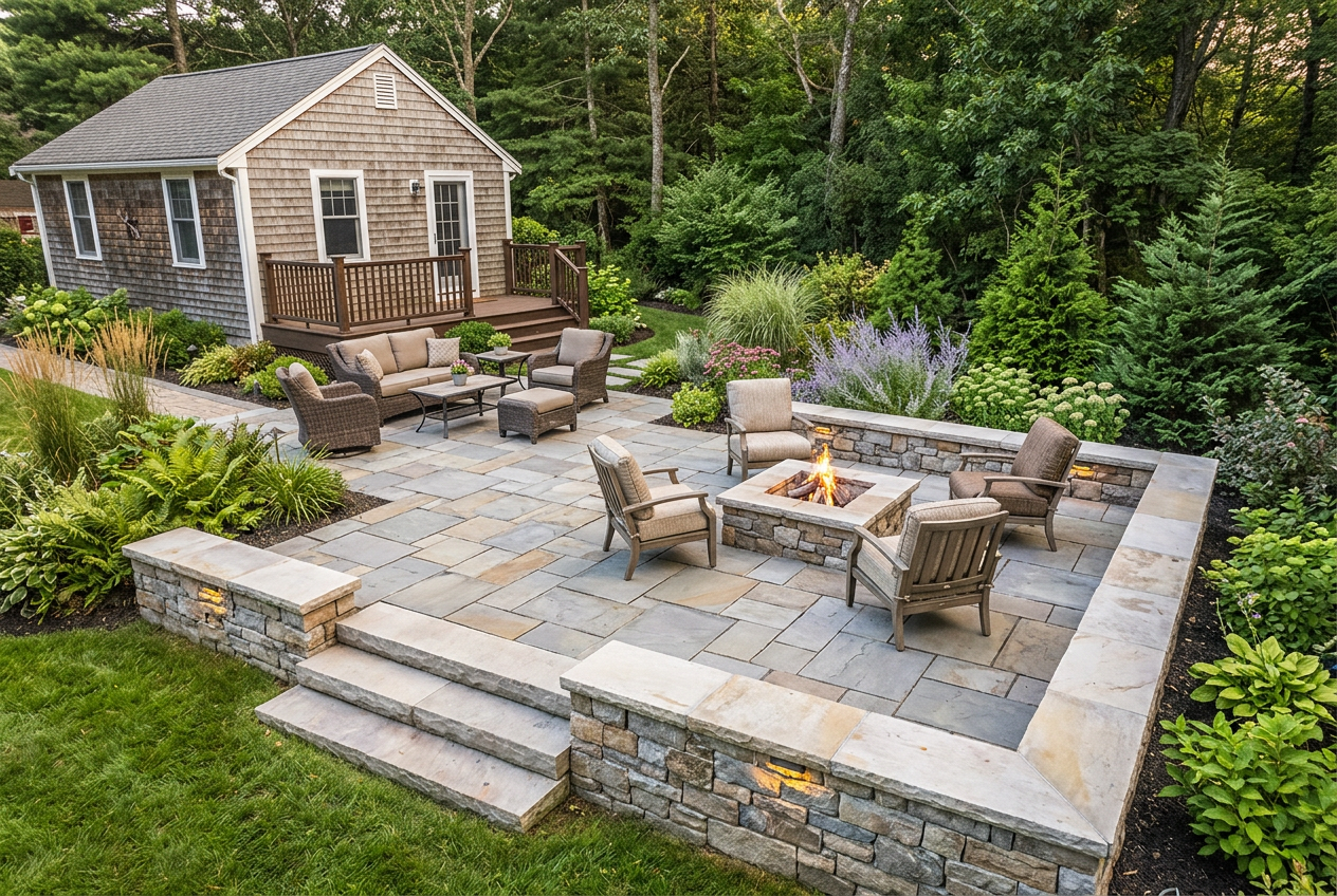 Generated hardscaping inspiration showing a natural stone patio, fire pit, seating walls, broad garden steps, and a separate lounge area. Not a completed Santos project.