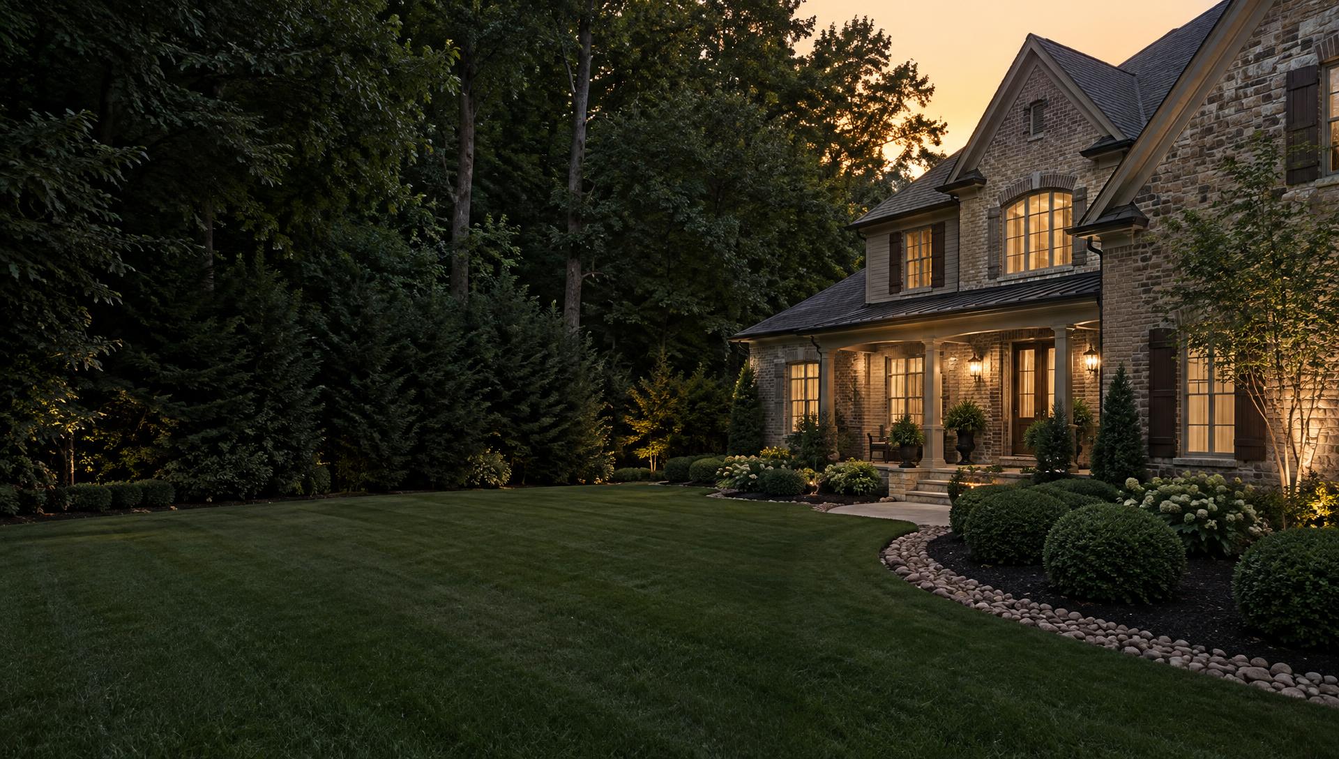 Brick and stone home at dusk with lit windows, dark mulch beds, river rock edging, and mature evergreens